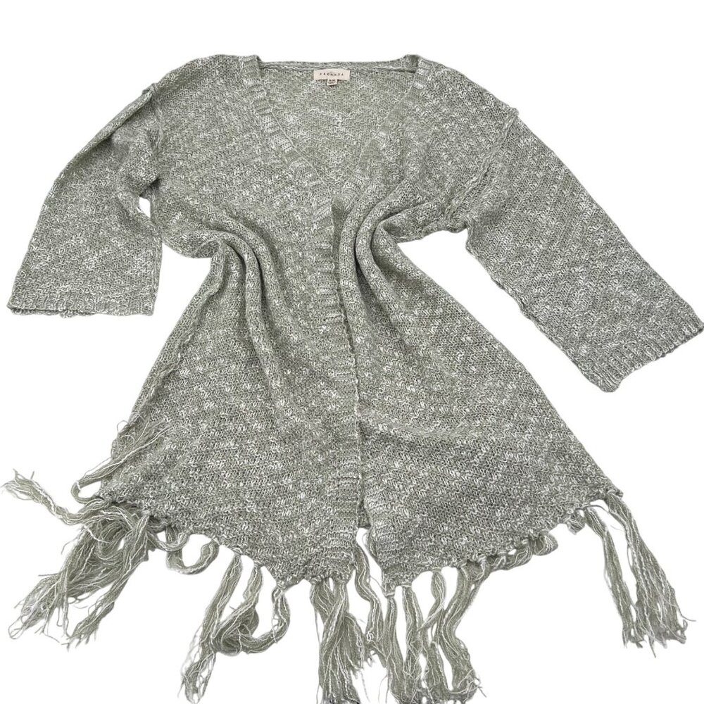Promesa Sage Green‎ Fringe Cardigan Open Front Lightweight S/M Womens Sweater